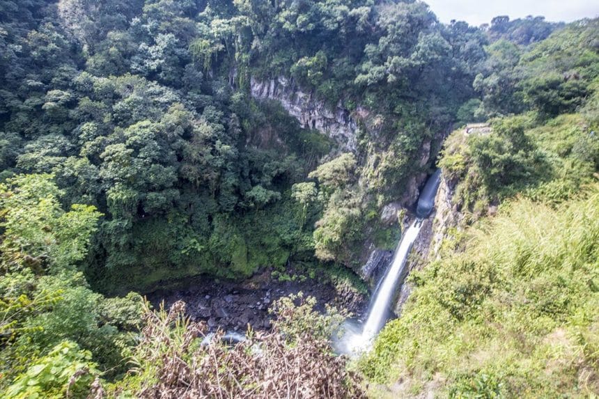 Lush green landscape featuring the Tis Isat Falls cascading down rocky cliffs, surrounded by dense forest, creates a serene, natural atmosphere.